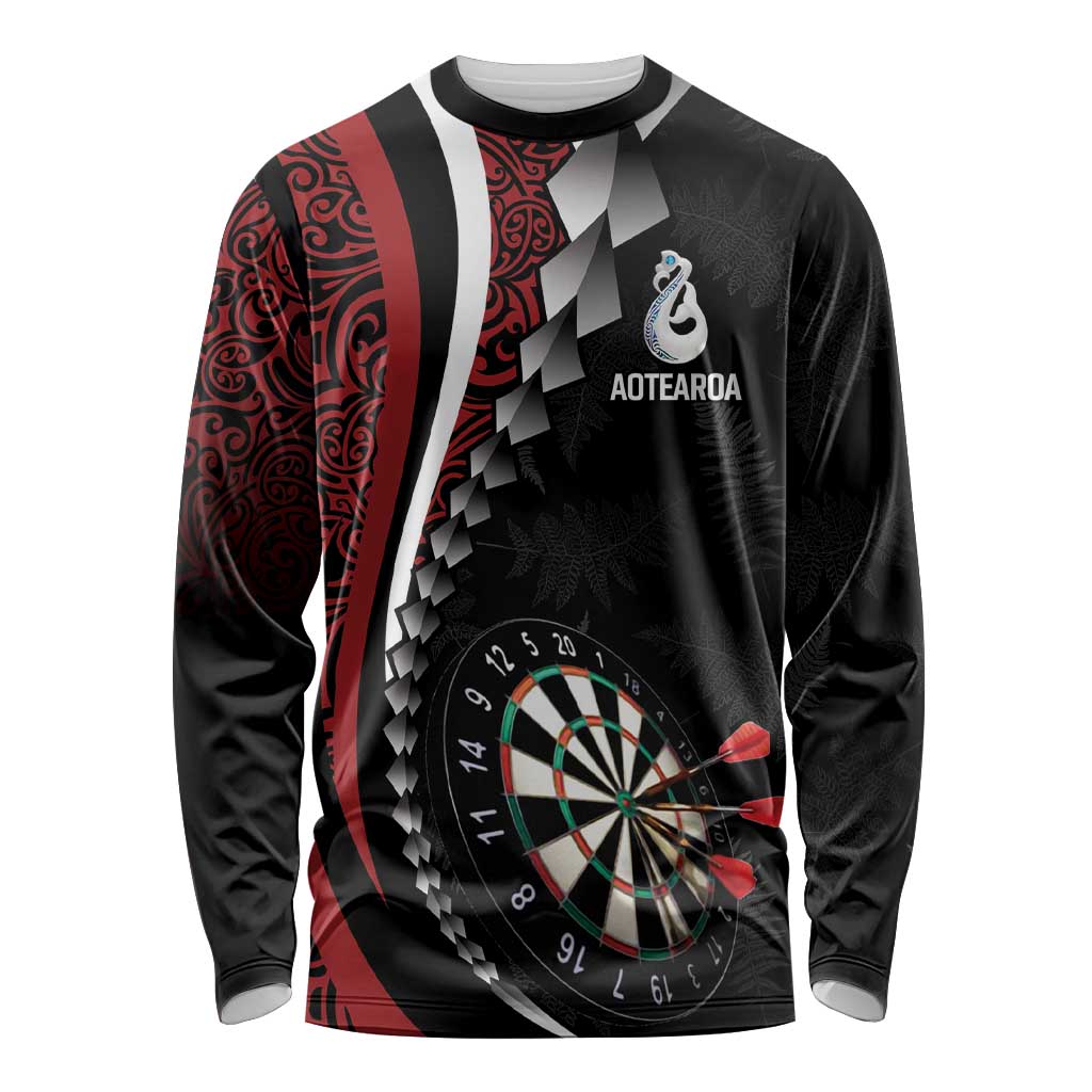Personalized New Zealand Darts Long Sleeve Shirt Kowhaiwhai Whero Koiri - Manaia