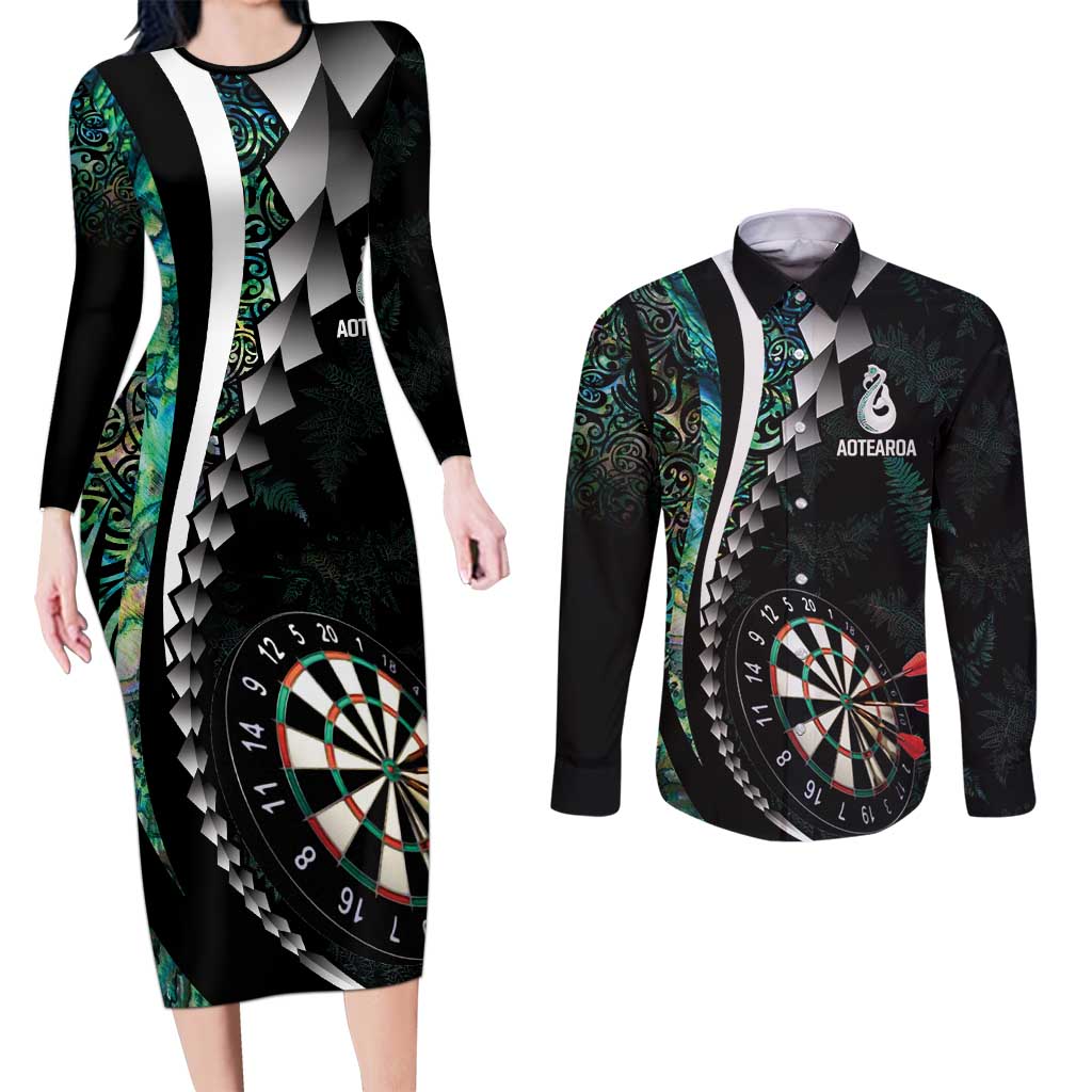Personalized New Zealand Darts Couples Matching Long Sleeve Bodycon Dress and Long Sleeve Button Shirt Paua Shell Koiri - Manaia