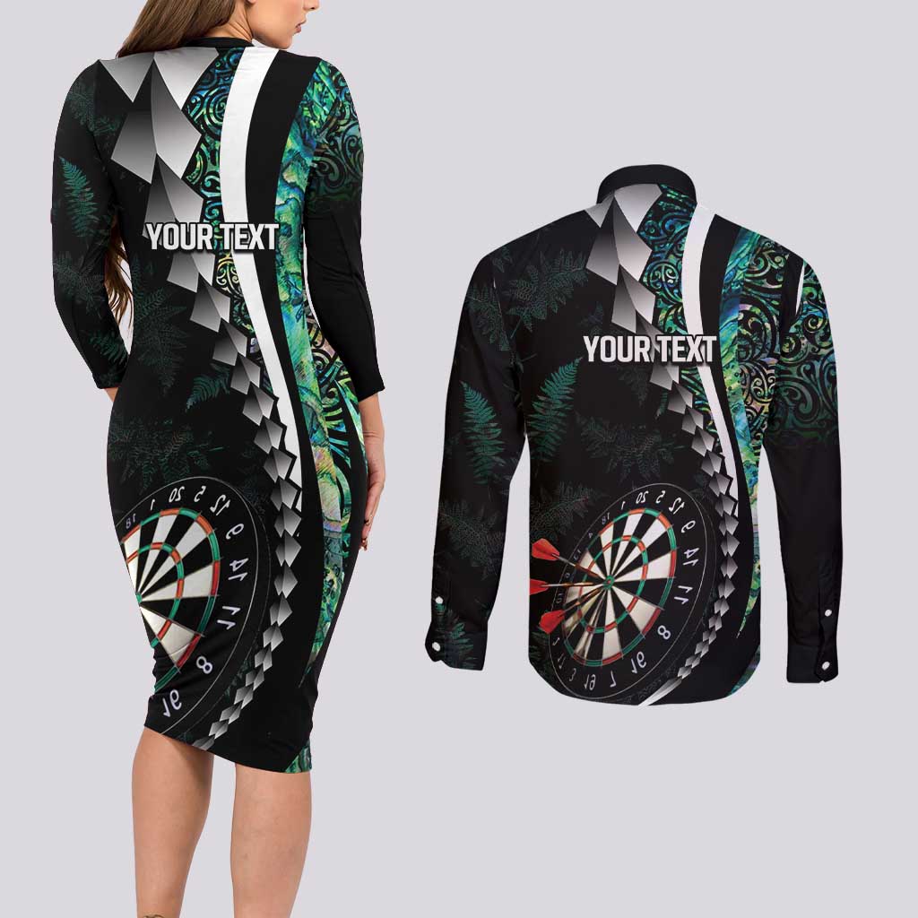 Personalized New Zealand Darts Couples Matching Long Sleeve Bodycon Dress and Long Sleeve Button Shirt Paua Shell Koiri - Manaia