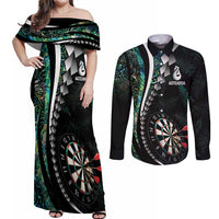 Personalized New Zealand Darts Couples Matching Off Shoulder Maxi Dress and Long Sleeve Button Shirt Paua Shell Koiri - Manaia