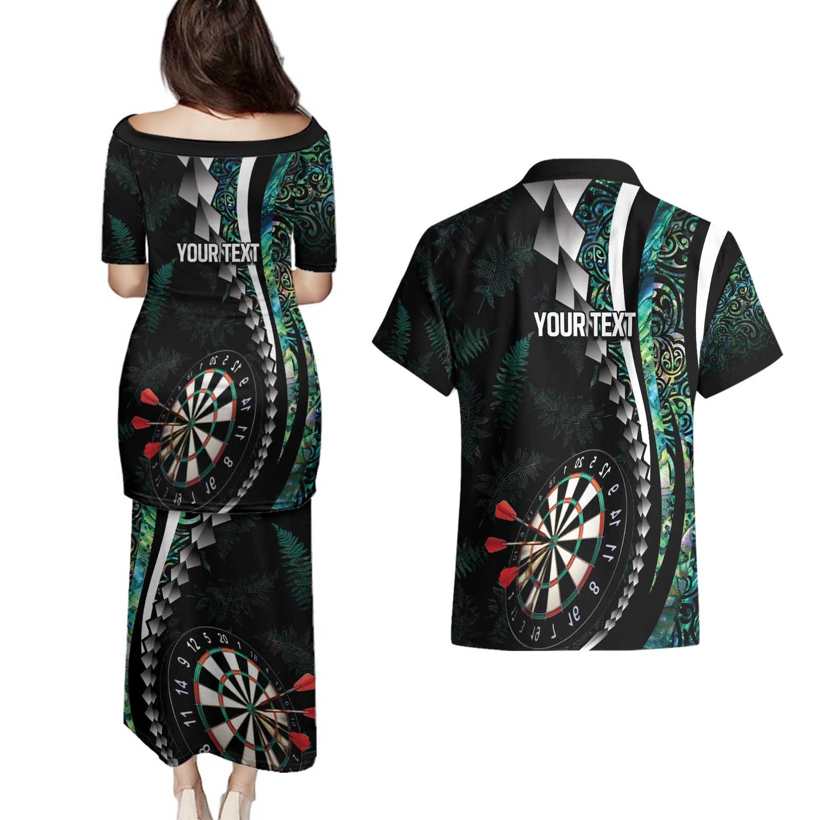 Personalized New Zealand Darts Couples Matching Puletasi and Hawaiian Shirt Paua Shell Koiri - Manaia