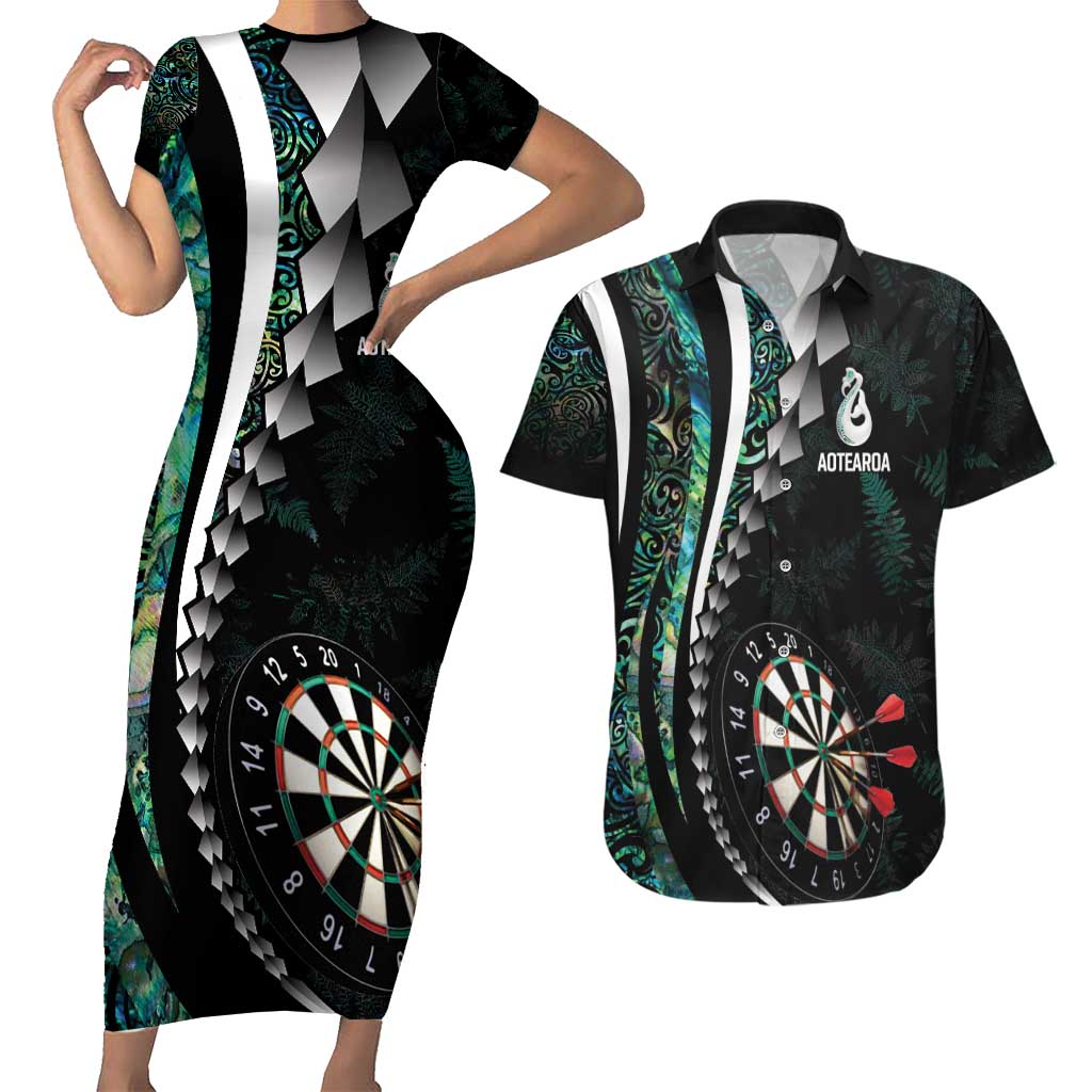 Personalized New Zealand Darts Couples Matching Short Sleeve Bodycon Dress and Hawaiian Shirt Paua Shell Koiri - Manaia