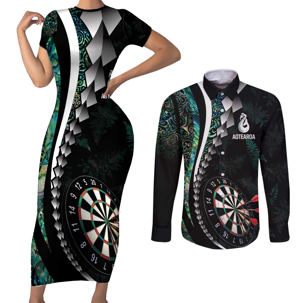 Personalized New Zealand Darts Couples Matching Short Sleeve Bodycon Dress and Long Sleeve Button Shirt Paua Shell Koiri - Manaia