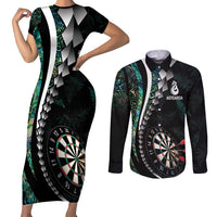 Personalized New Zealand Darts Couples Matching Short Sleeve Bodycon Dress and Long Sleeve Button Shirt Paua Shell Koiri - Manaia
