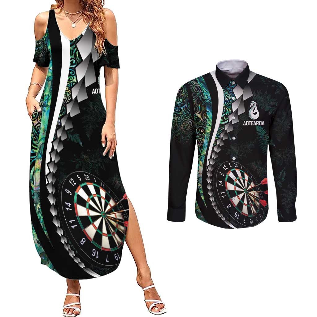 Personalized New Zealand Darts Couples Matching Summer Maxi Dress and Long Sleeve Button Shirt Paua Shell Koiri - Manaia