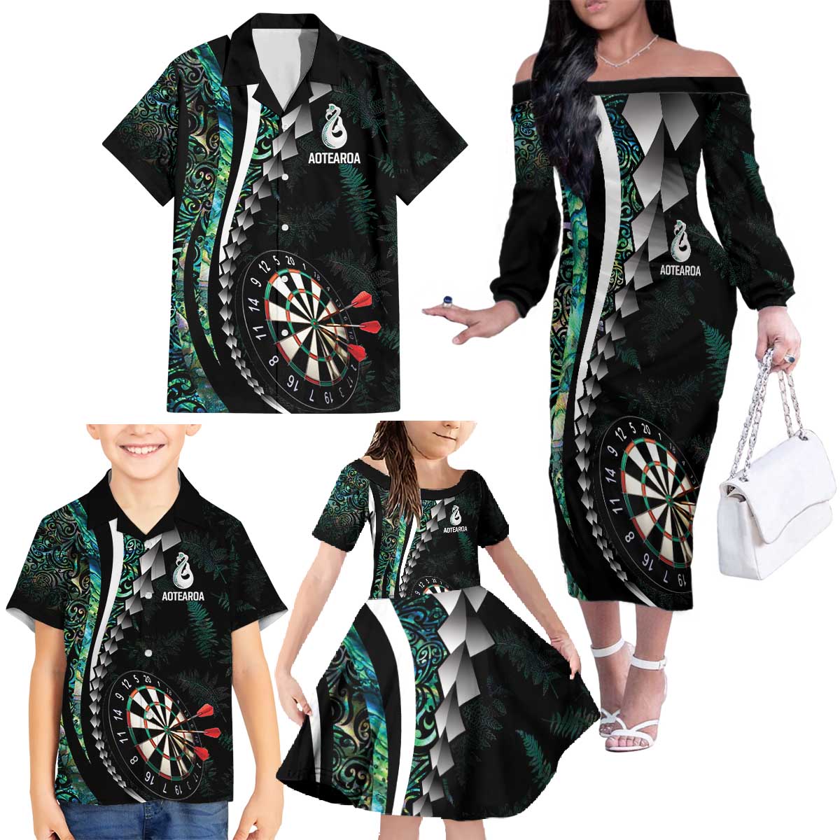 Personalized New Zealand Darts Family Matching Off The Shoulder Long Sleeve Dress and Hawaiian Shirt Paua Shell Koiri - Manaia