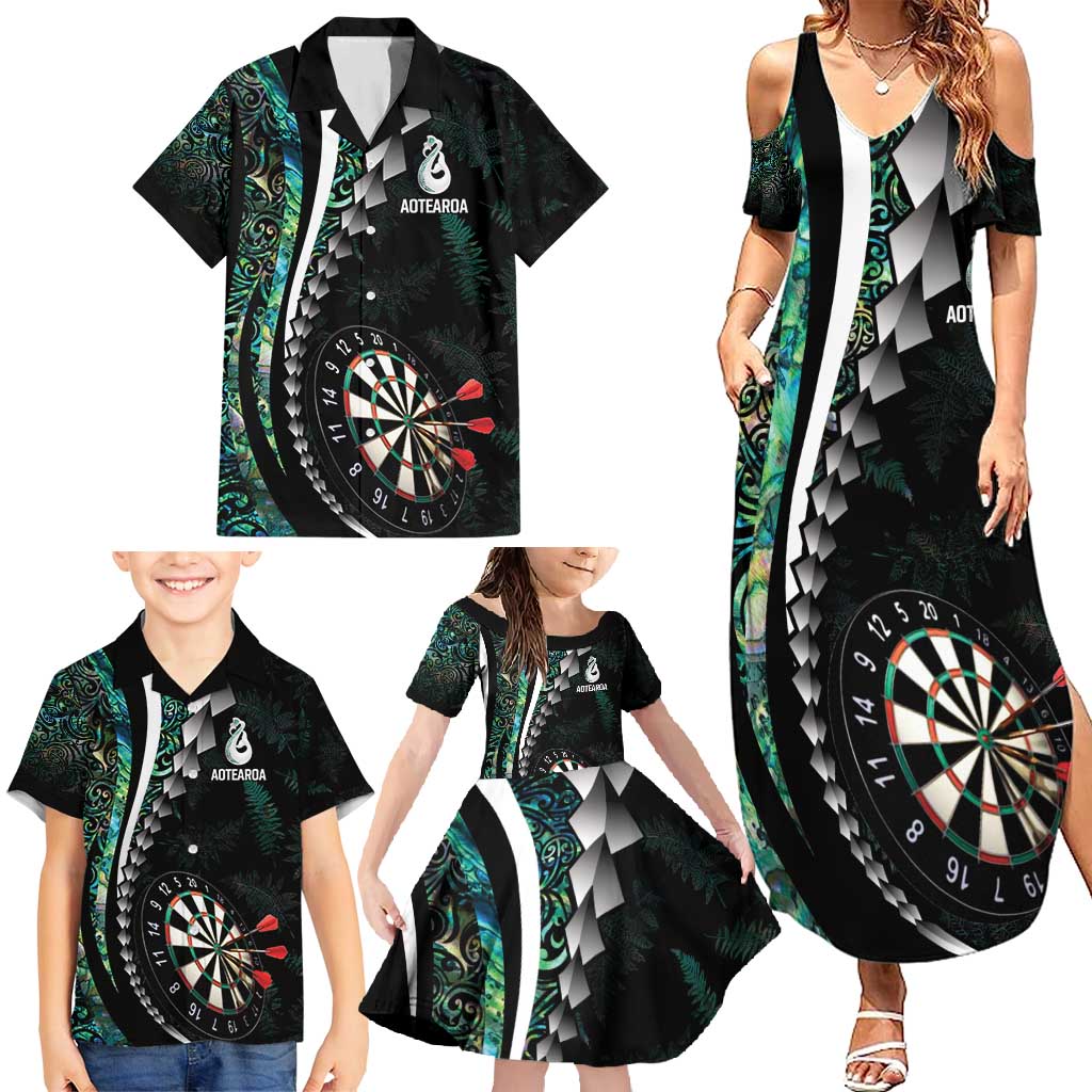 Personalized New Zealand Darts Family Matching Summer Maxi Dress and Hawaiian Shirt Paua Shell Koiri - Manaia