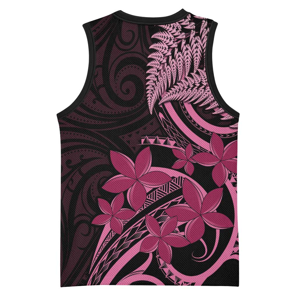 Aotearoa Maori Basketball Jersey Pink Fern Ribbons on Black - Polynesian Pride