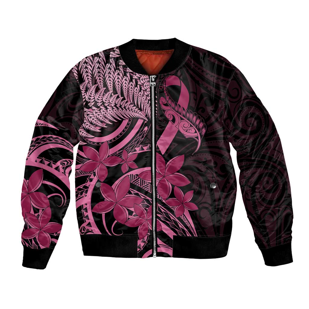 Aotearoa Maori Bomber Jacket Pink Fern Ribbons on Black - Polynesian Pride