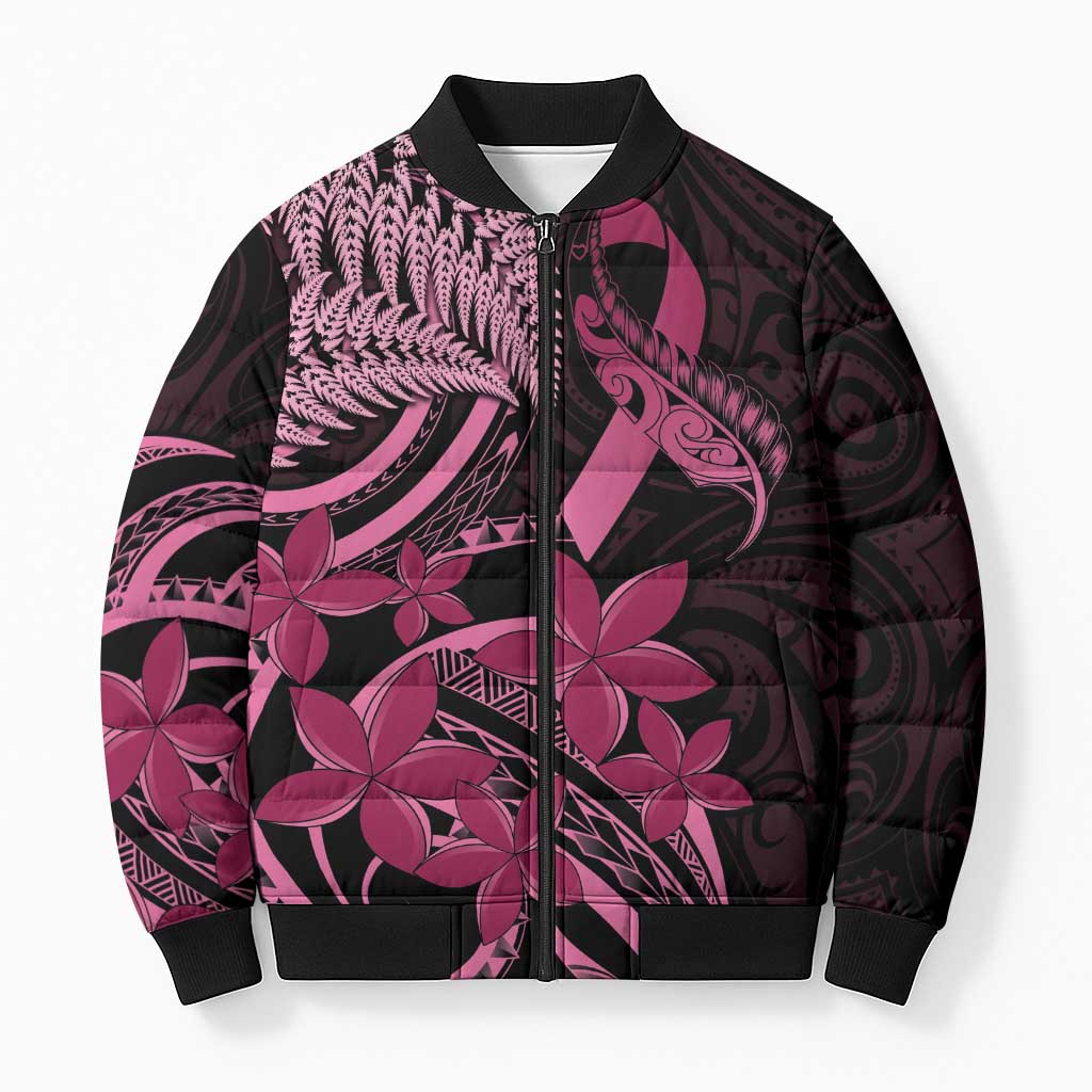 Aotearoa Maori Bomber Puffer Jacket Pink Fern Ribbons on Black - Polynesian Pride