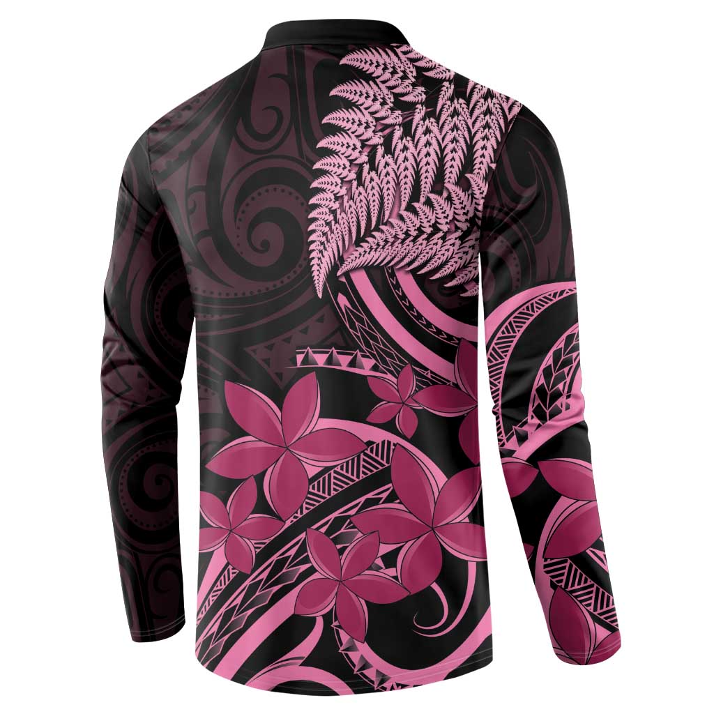 Aotearoa Maori Button Sweatshirt Pink Fern Ribbons on Black LT7 - Polynesian Pride