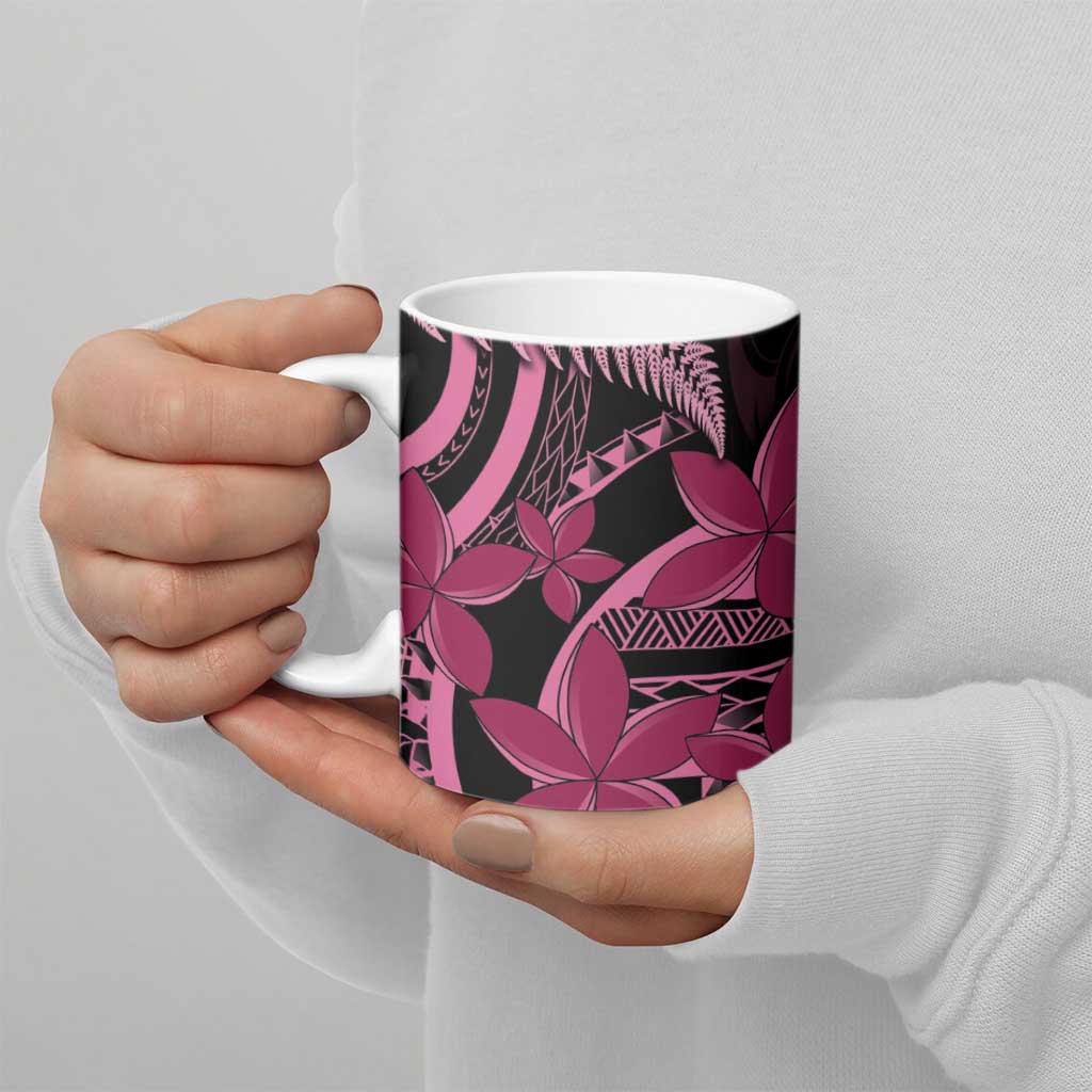 Aotearoa Maori Ceramic Mug Pink Fern Ribbons on Black - Polynesian Pride