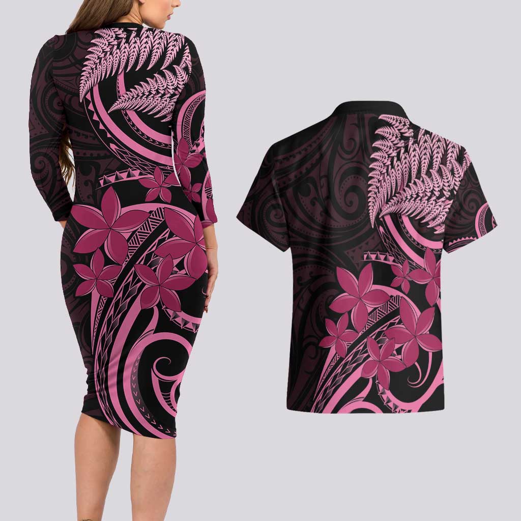 Aotearoa Maori Couples Matching Long Sleeve Bodycon Dress and Hawaiian Shirt Pink Fern Ribbons on Black - Polynesian Pride