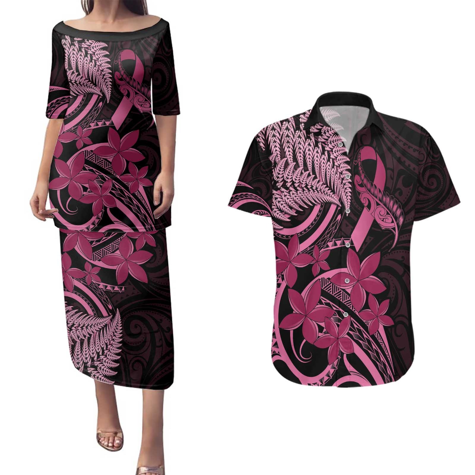 Aotearoa Maori Couples Matching Puletasi and Hawaiian Shirt Pink Fern Ribbons on Black LT7 Black - Polynesian Pride