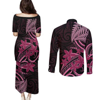 Aotearoa Maori Couples Matching Puletasi and Long Sleeve Button Shirt Pink Fern Ribbons on Black LT7 - Polynesian Pride