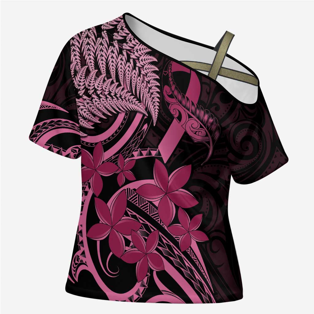 Aotearoa Maori Cross Shoulder Shirt Pink Fern Ribbons on Black - Polynesian Pride