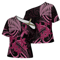 Aotearoa Maori Cross Shoulder Shirt Pink Fern Ribbons on Black - Polynesian Pride