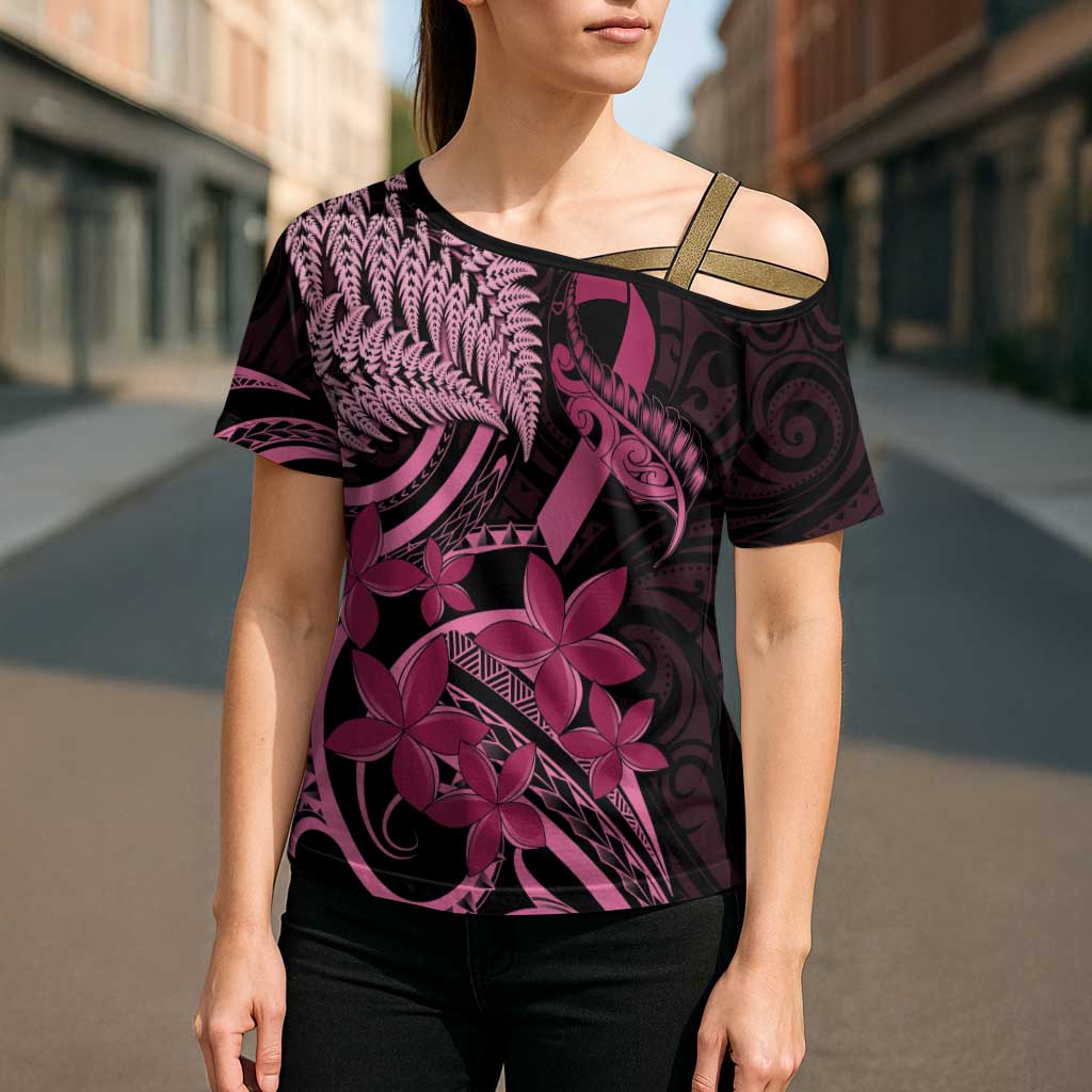 Aotearoa Maori Cross Shoulder Shirt Pink Fern Ribbons on Black - Polynesian Pride