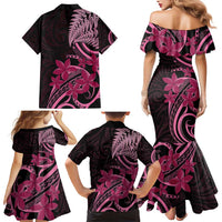Aotearoa Maori Family Matching Mermaid Dress and Hawaiian Shirt Pink Fern Ribbons on Black - Polynesian Pride