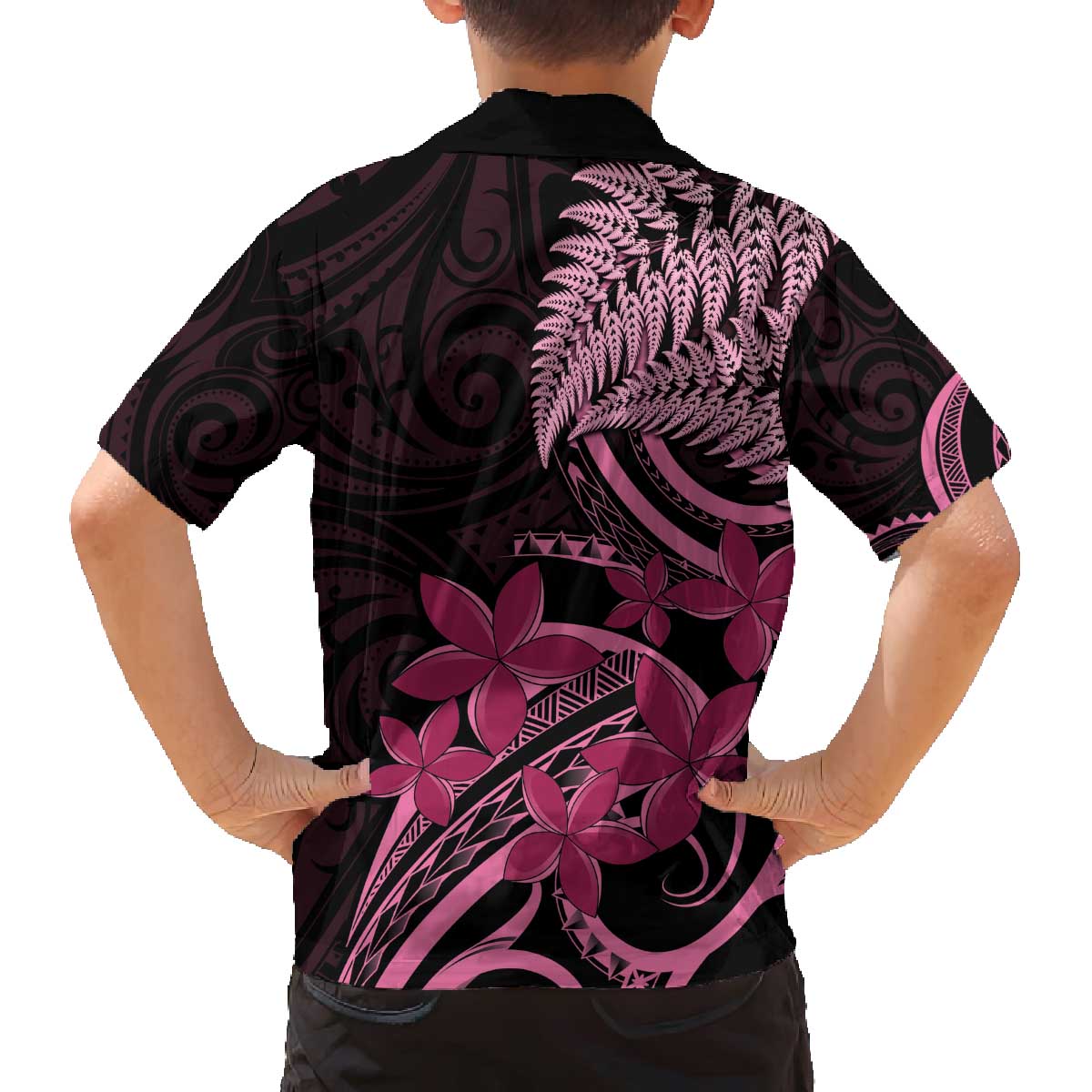 Aotearoa Maori Family Matching Off The Shoulder Long Sleeve Dress and Hawaiian Shirt Pink Fern Ribbons on Black - Polynesian Pride