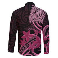 Aotearoa Maori Family Matching Off The Shoulder Long Sleeve Dress and Hawaiian Shirt Pink Fern Ribbons on Black - Polynesian Pride