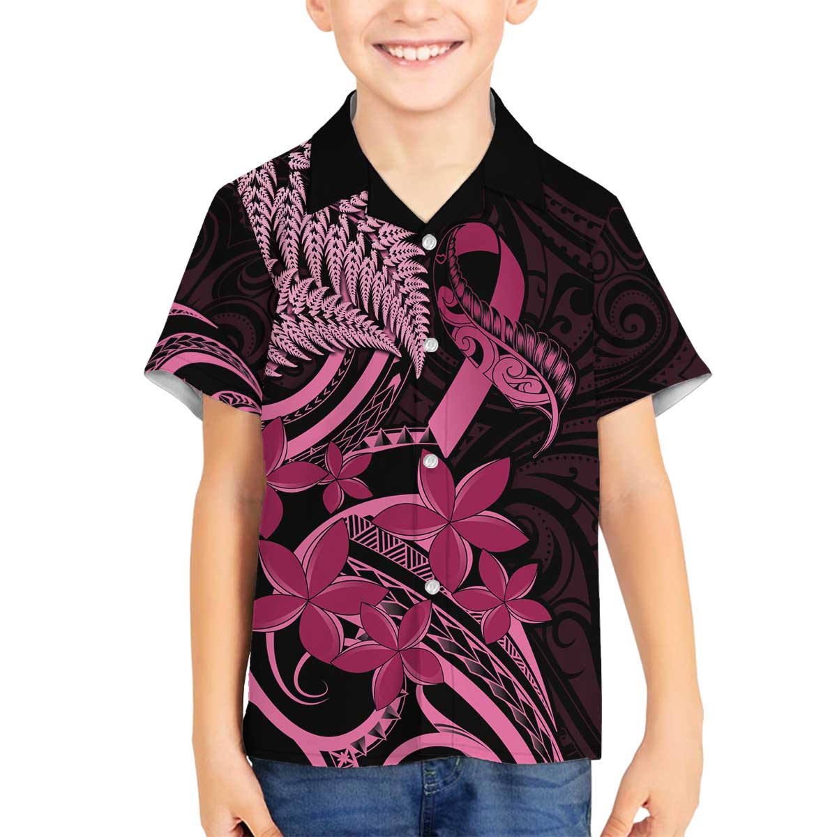 Aotearoa Maori Family Matching Off The Shoulder Long Sleeve Dress and Hawaiian Shirt Pink Fern Ribbons on Black - Polynesian Pride