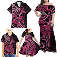 Aotearoa Maori Family Matching Off Shoulder Maxi Dress and Hawaiian Shirt Pink Fern Ribbons on Black - Polynesian Pride