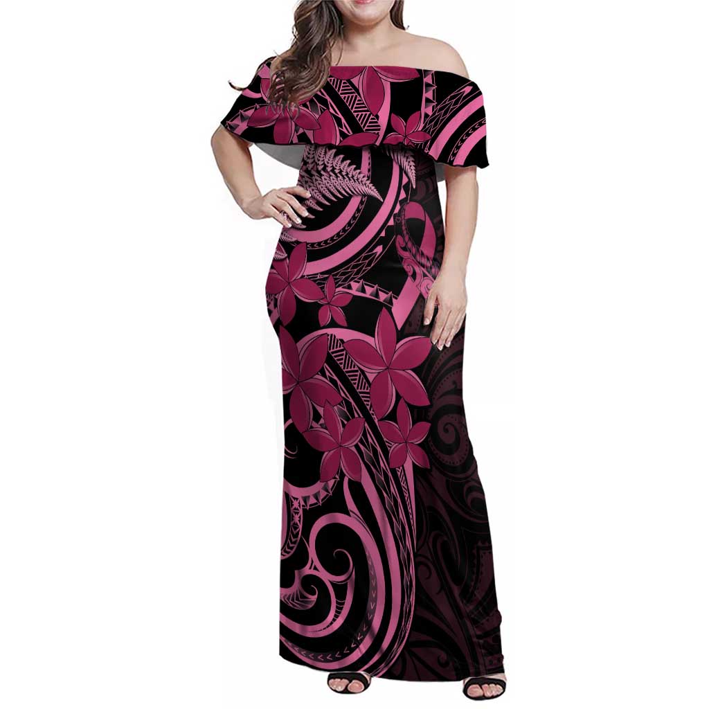 Aotearoa Maori Family Matching Off Shoulder Maxi Dress and Hawaiian Shirt Pink Fern Ribbons on Black - Polynesian Pride