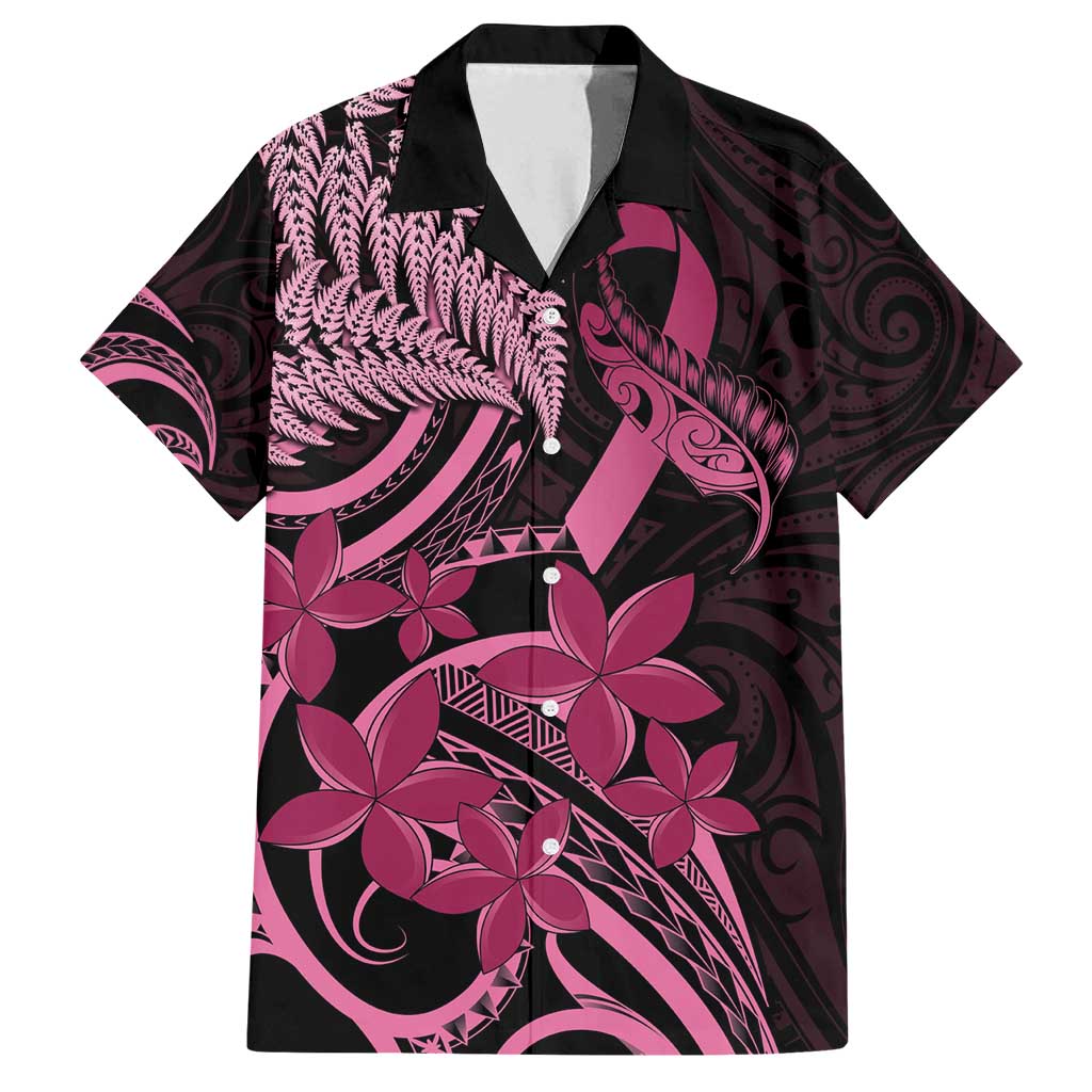 Aotearoa Maori Family Matching Off Shoulder Short Dress and Hawaiian Shirt Pink Fern Ribbons on Black LT7 Dad's Shirt - Short Sleeve Black - Polynesian Pride
