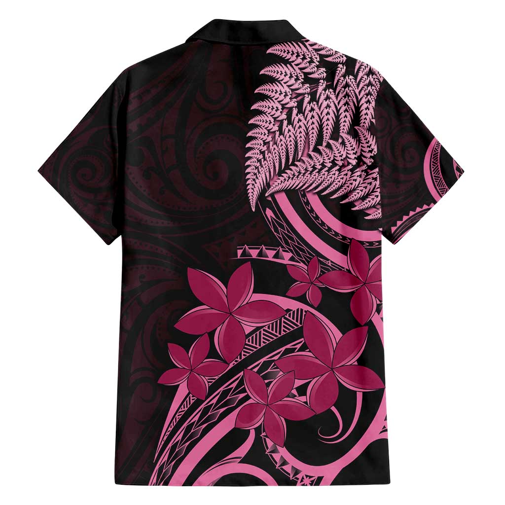Aotearoa Maori Family Matching Off Shoulder Short Dress and Hawaiian Shirt Pink Fern Ribbons on Black LT7 - Polynesian Pride