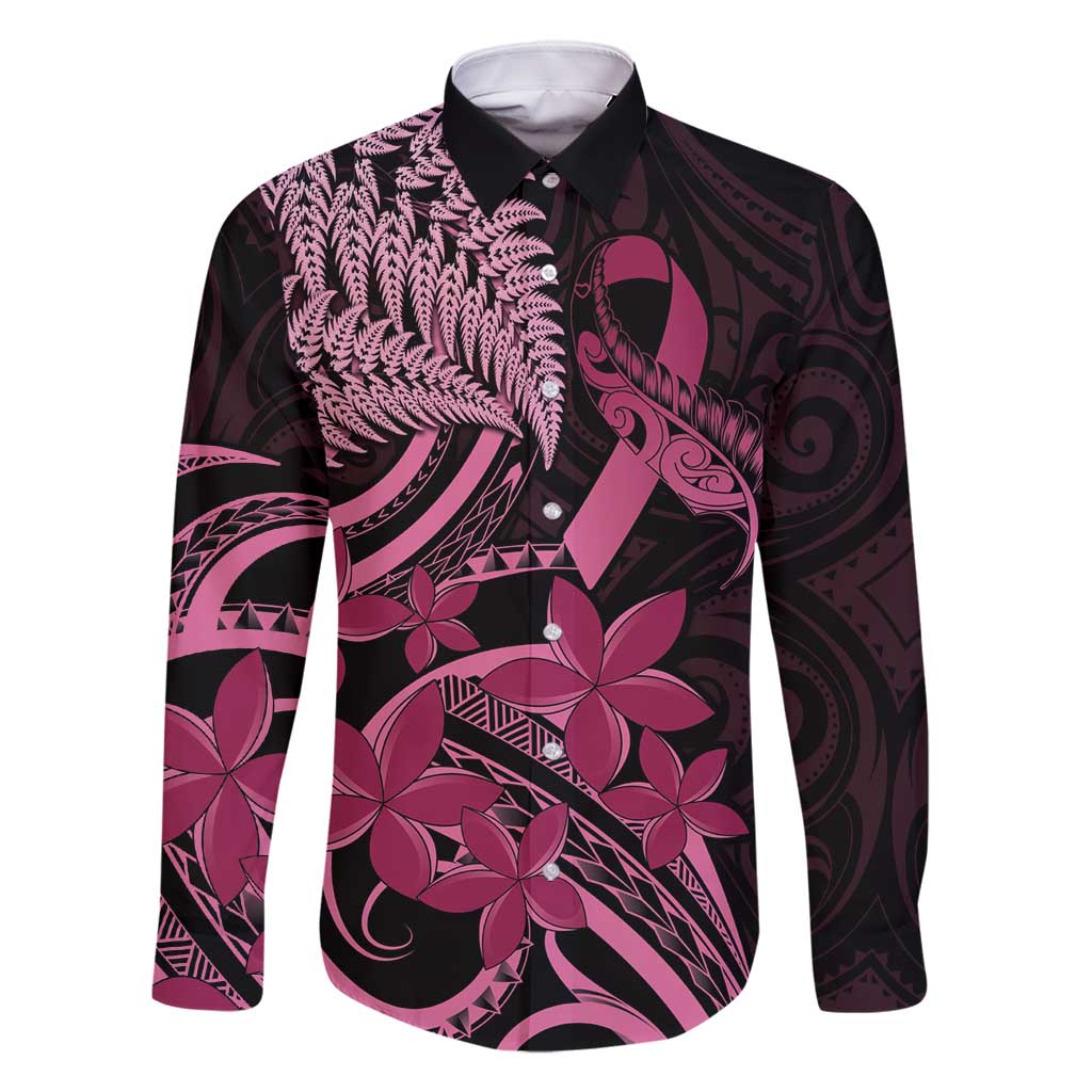 Aotearoa Maori Family Matching Off Shoulder Short Dress and Hawaiian Shirt Pink Fern Ribbons on Black LT7 Dad's Shirt - Long Sleeve Black - Polynesian Pride