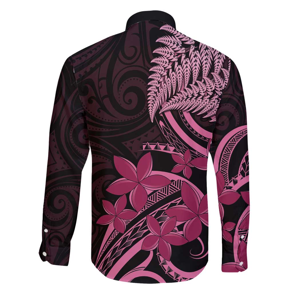 Aotearoa Maori Family Matching Off Shoulder Short Dress and Hawaiian Shirt Pink Fern Ribbons on Black LT7 - Polynesian Pride