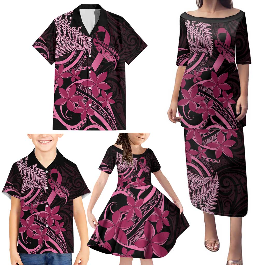 Aotearoa Maori Family Matching Puletasi and Hawaiian Shirt Pink Fern Ribbons on Black - Polynesian Pride