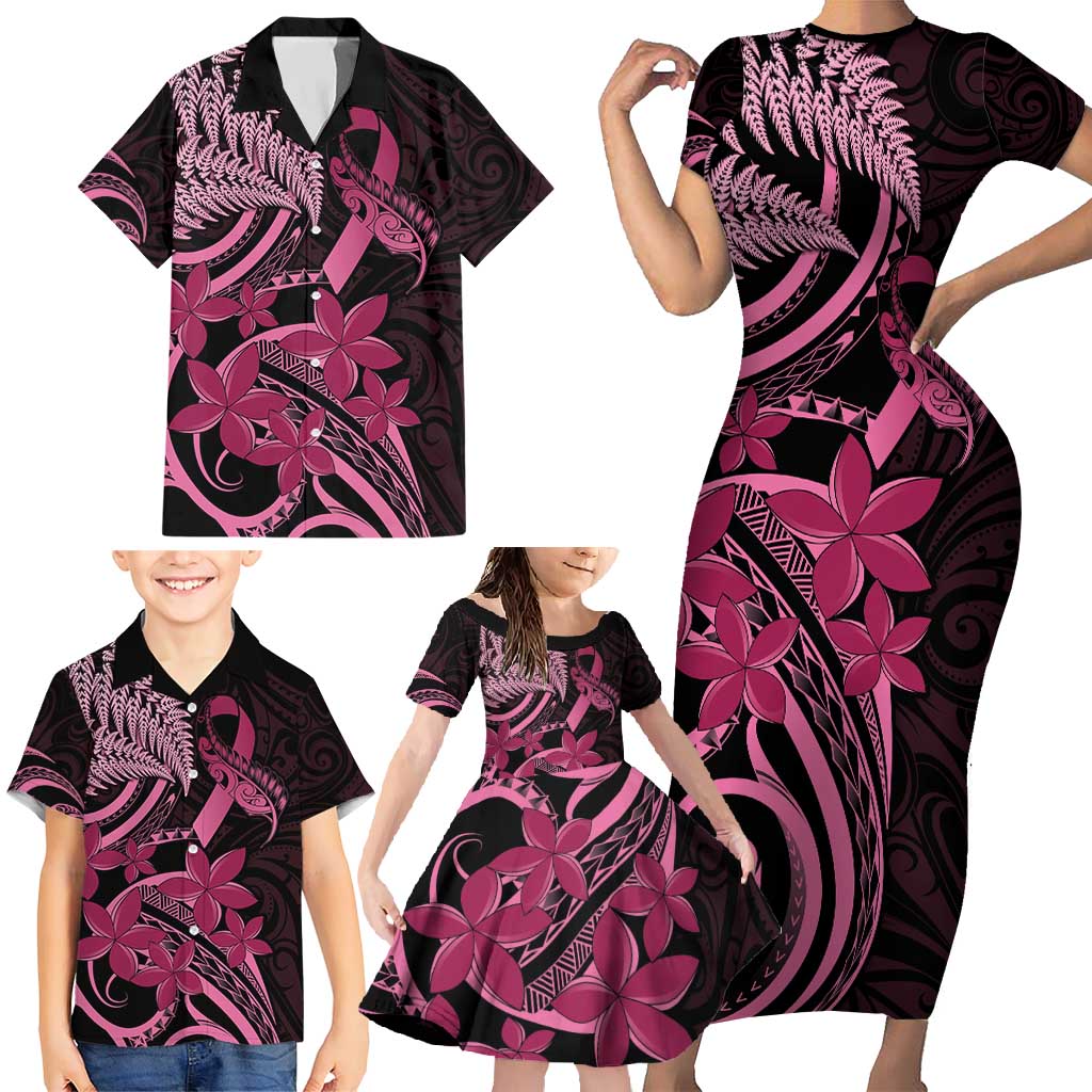 Aotearoa Maori Family Matching Short Sleeve Bodycon Dress and Hawaiian Shirt Pink Fern Ribbons on Black - Polynesian Pride
