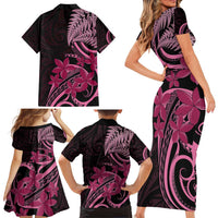Aotearoa Maori Family Matching Short Sleeve Bodycon Dress and Hawaiian Shirt Pink Fern Ribbons on Black - Polynesian Pride