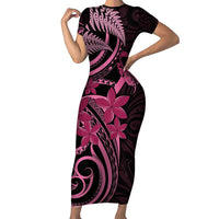 Aotearoa Maori Family Matching Short Sleeve Bodycon Dress and Hawaiian Shirt Pink Fern Ribbons on Black - Polynesian Pride