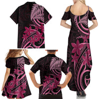 Aotearoa Maori Family Matching Summer Maxi Dress and Hawaiian Shirt Pink Fern Ribbons on Black - Polynesian Pride