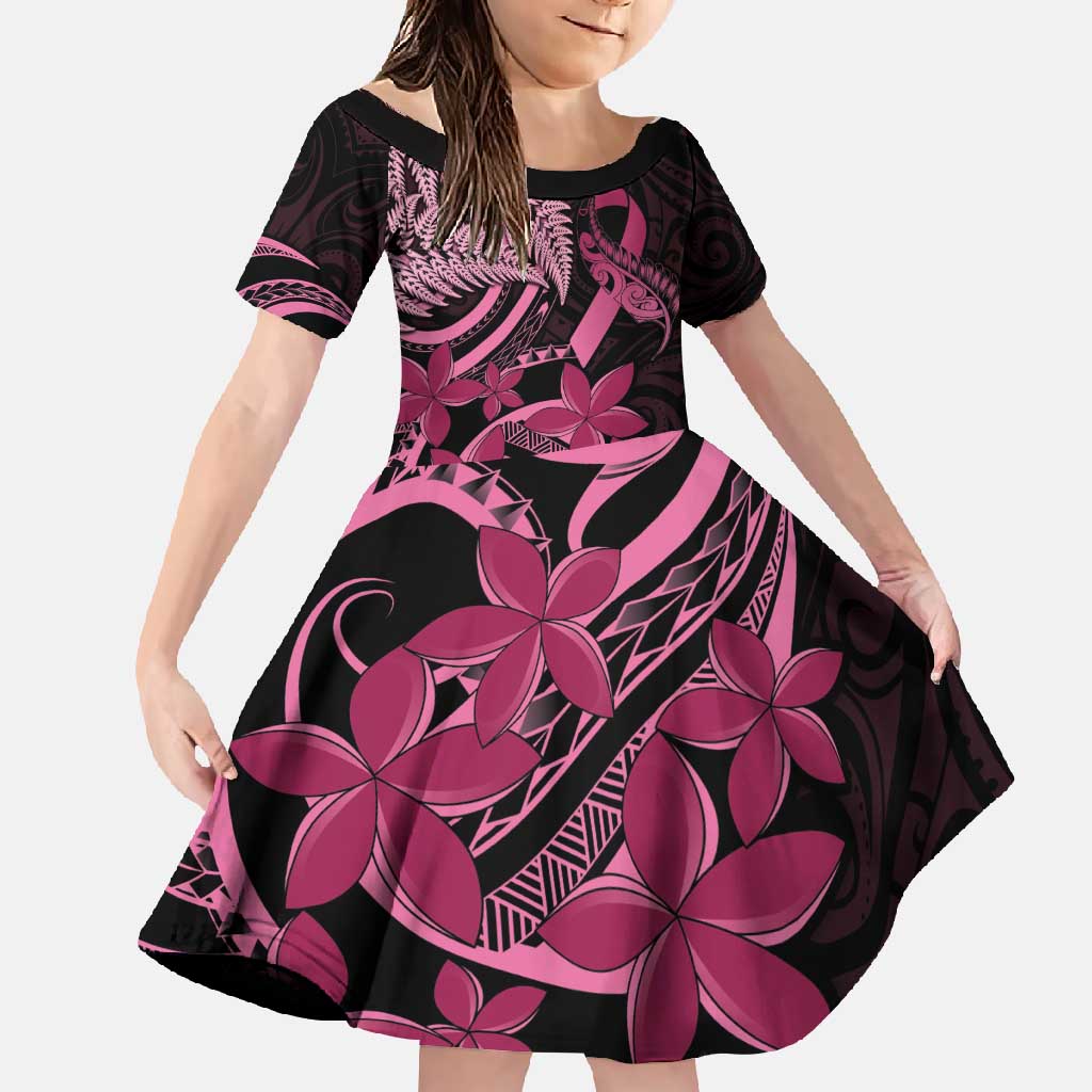 Aotearoa Maori Family Matching Tank Maxi Dress and Hawaiian Shirt Pink Fern Ribbons on Black - Polynesian Pride