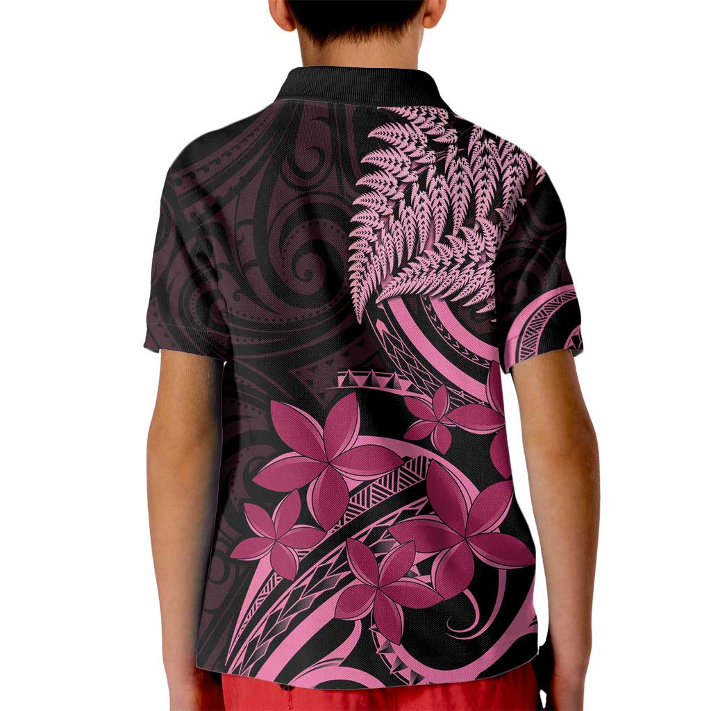 Aotearoa Maori Kid Polo Shirt Pink Fern Ribbons on Black - Polynesian Pride