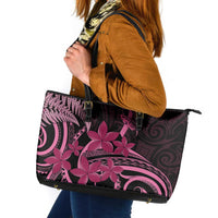 Aotearoa Maori Leather Tote Bag Pink Fern Ribbons on Black - Polynesian Pride