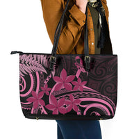 Aotearoa Maori Leather Tote Bag Pink Fern Ribbons on Black - Polynesian Pride