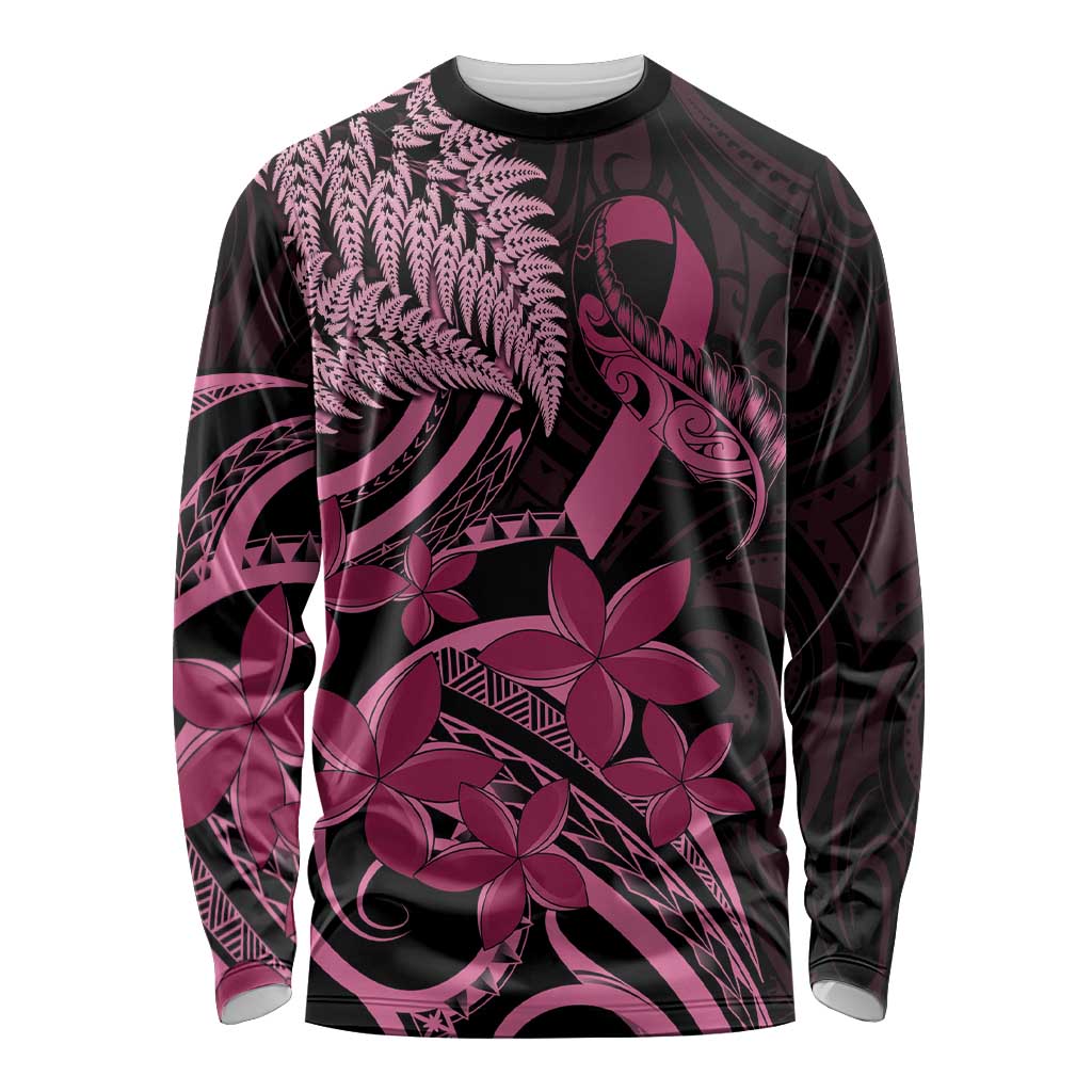 Aotearoa Maori Long Sleeve Shirt Pink Fern Ribbons on Black LT7 Unisex Black - Polynesian Pride