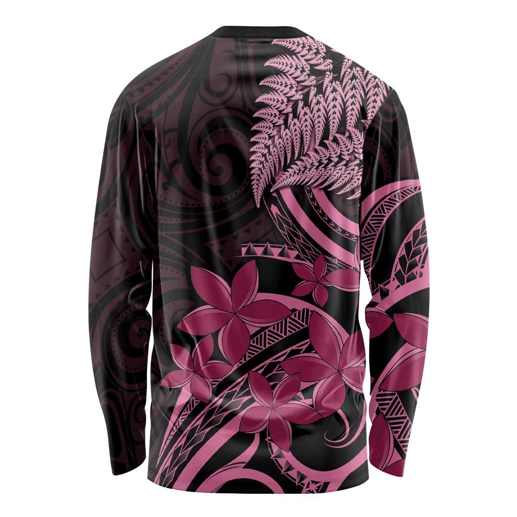 Aotearoa Maori Long Sleeve Shirt Pink Fern Ribbons on Black LT7 - Polynesian Pride