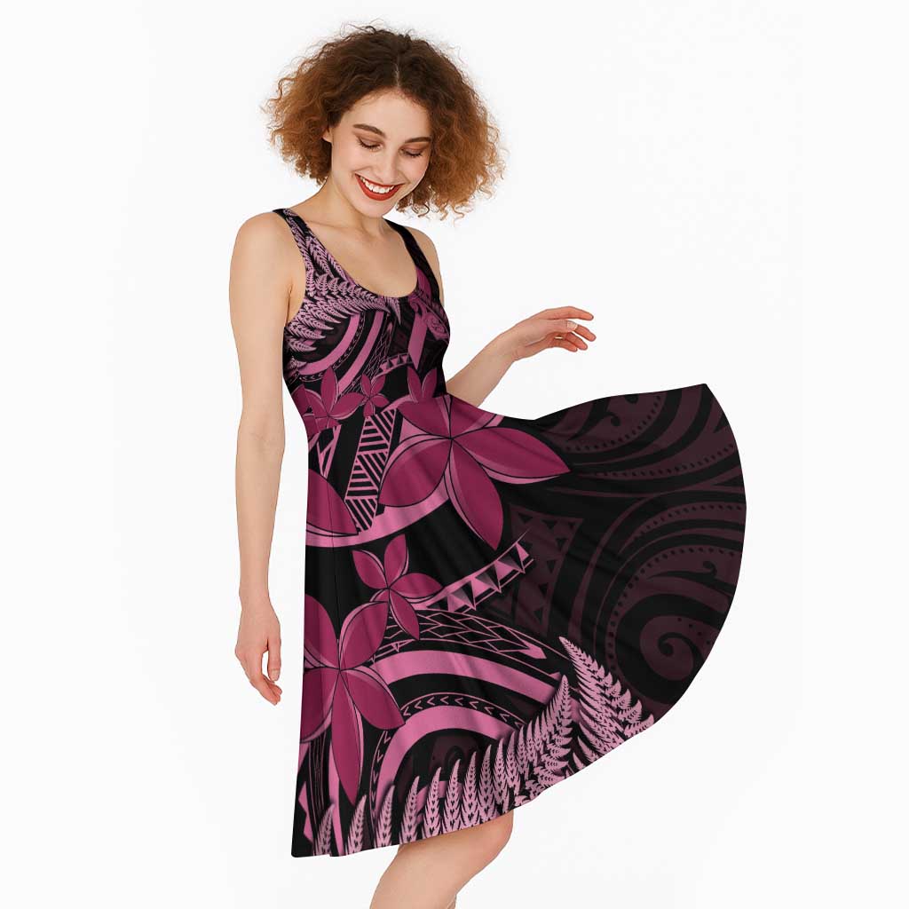 Aotearoa Maori Midi Dress Pink Fern Ribbons on Black - Polynesian Pride