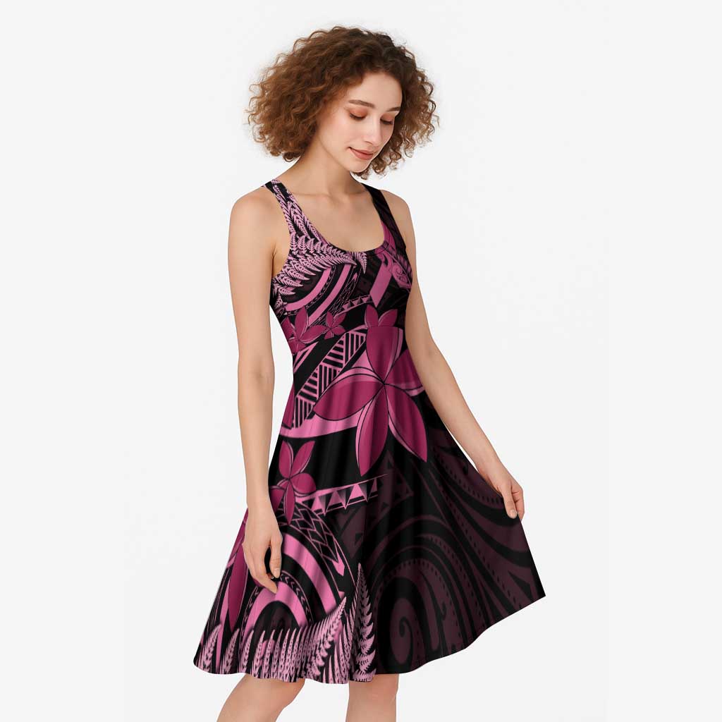 Aotearoa Maori Midi Dress Pink Fern Ribbons on Black - Polynesian Pride
