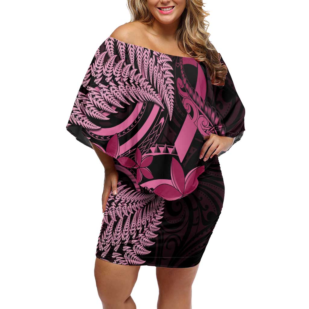 Aotearoa Maori Off Shoulder Short Dress Pink Fern Ribbons on Black - Polynesian Pride