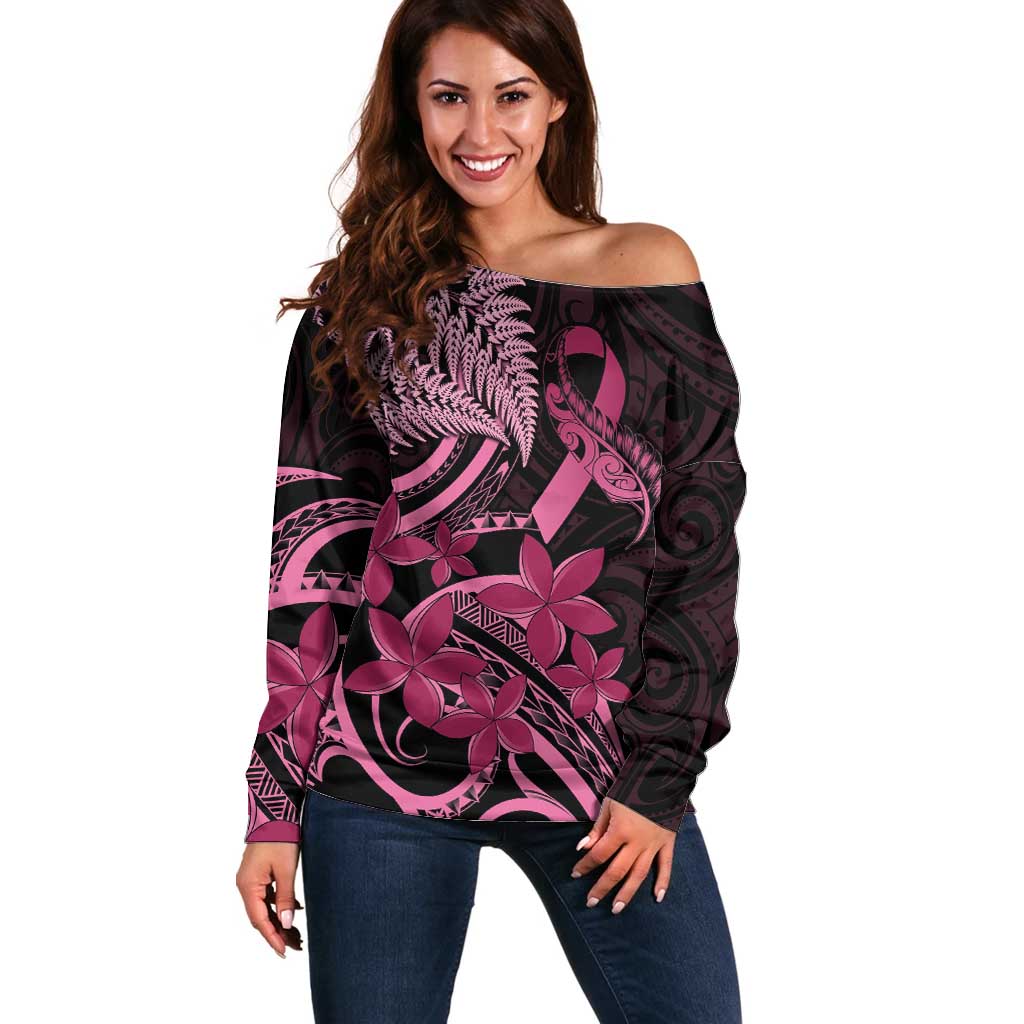 Aotearoa Maori Off Shoulder Sweater Pink Fern Ribbons on Black - Polynesian Pride