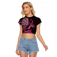 Aotearoa Maori Raglan Cropped T Shirt Pink Fern Ribbons on Black - Polynesian Pride