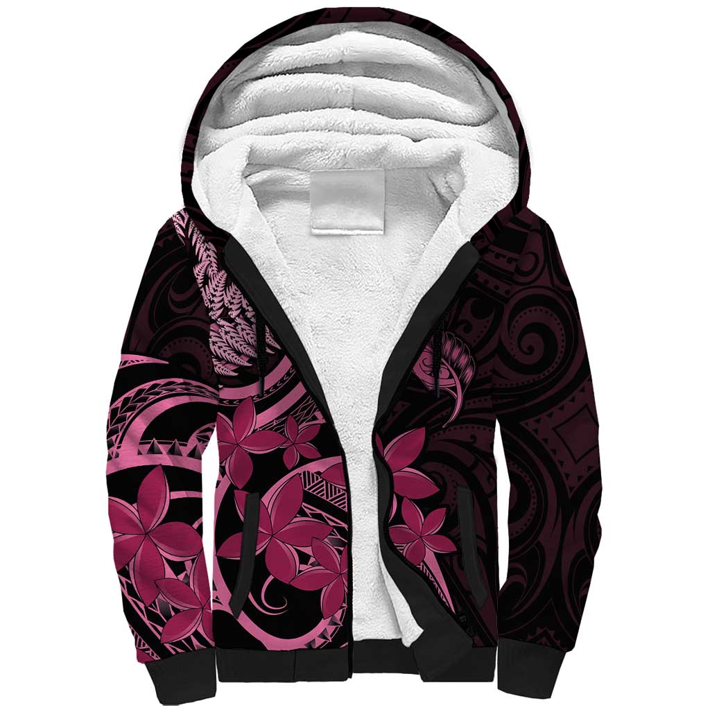 Aotearoa Maori Sherpa Hoodie Pink Fern Ribbons on Black LT7 Unisex Black - Polynesian Pride