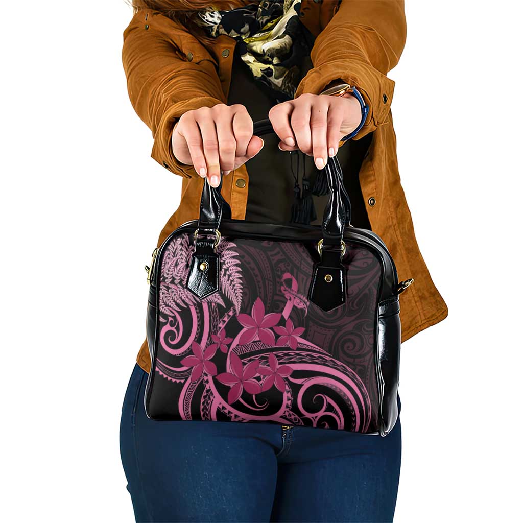 Aotearoa Maori Shoulder Handbag Pink Fern Ribbons on Black LT7 One Size Black - Polynesian Pride